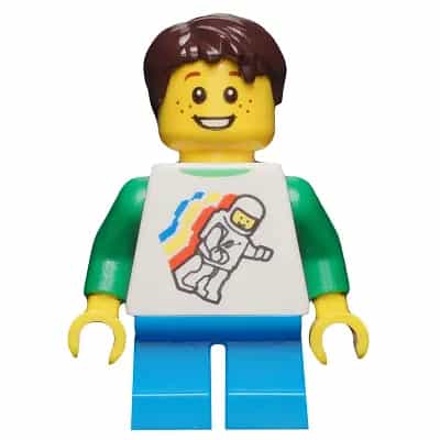 Classic Space Minifigure Floating Pattern, Dark Azure Short Legs, Dark Brown Short Tousled Hair