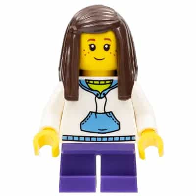 Child - Girl, White Hoodie with Medium Blue Pocket, Dark Purple Short Legs, Dark Brown Long Hair, Freckles