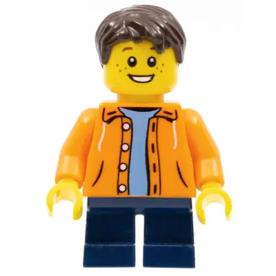 Orange Jacket with Hood over Light Blue Sweater, Dark Blue Short Legs, Dark Brown Short Tousled Hair