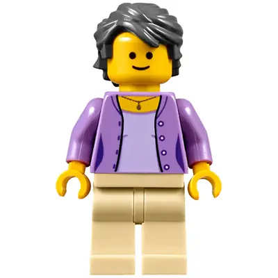 Florist - Female, Medium Lavender Jacket on Lavender Shirt, Tan Legs, Dark Bluish Gray Hair Swept Back Tousled