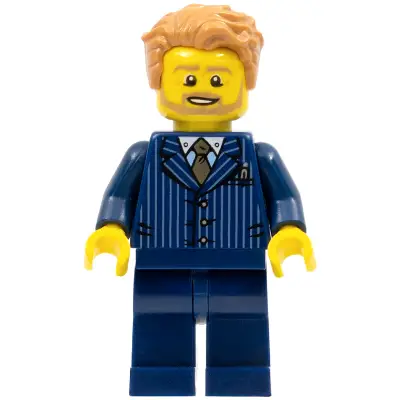 Businessman - Pinstripe Jacket and Gold Tie, Dark Blue Legs, Medium Nougat Tousled Hair, Beard