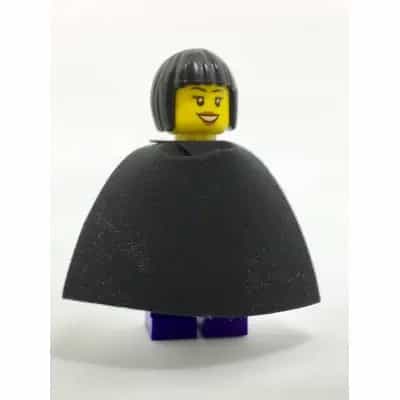 Female Dark Purple Blouse with Gold Sash and Flowers, Dark Purple Legs, Black Bob Cut Hair, Cape