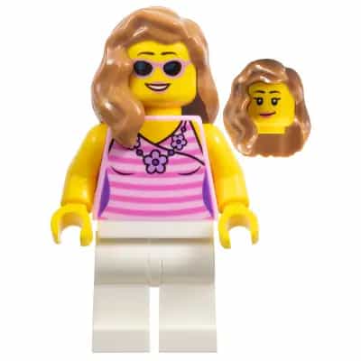 Dark Pink Striped Top, White Legs, Medium Nougat Female Hair over Shoulder