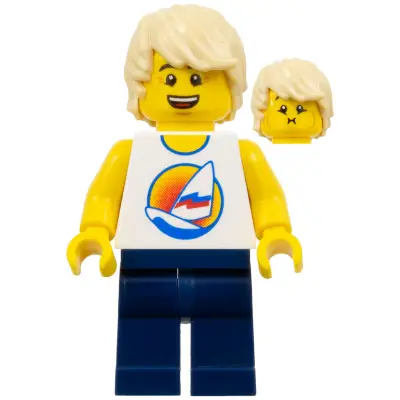 Surfboard on Ocean - Dark Blue Legs, Tan Tousled Hair