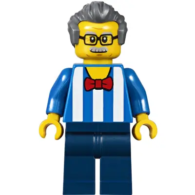 Carousel Ticket Vendor - Male, Blue Shirt with White Stripes and Red Bow Tie, Dark Blue Legs, Dark Bluish Gray Swept Back Hair, Moustache and Glasses