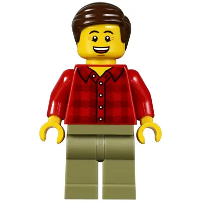 Dad, Red Plaid Flannel Shirt, Olive Green Legs, Dark Brown Smooth Hair