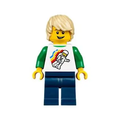 Boy - Classic Space Minifigure Floating Pattern, Dark Blue Legs, Tan Tousled Hair