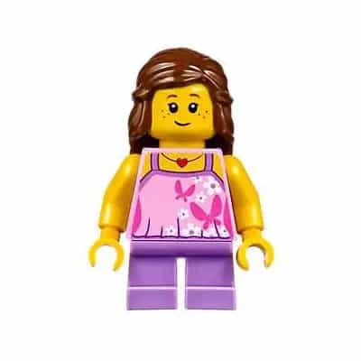 Girl - Bright Pink Top with Butterflies and Flowers, Medium Lavender Short Legs, Reddish Brown Female Hair Mid-Length