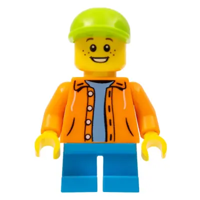 Boy - Orange Jacket with Hood over Light Blue Sweater, Dark Azure Short Legs, Lime Cap