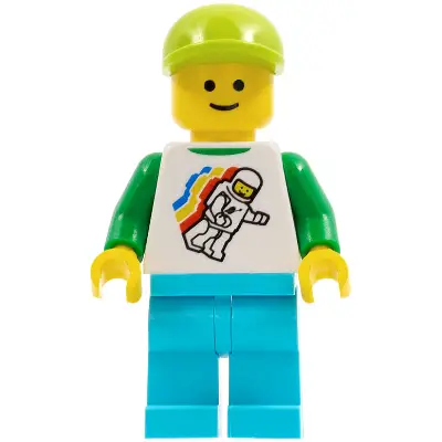 Classic Space Minifigure Floating Pattern, Medium Azure Legs, Lime Short Bill Cap, Standard Grin