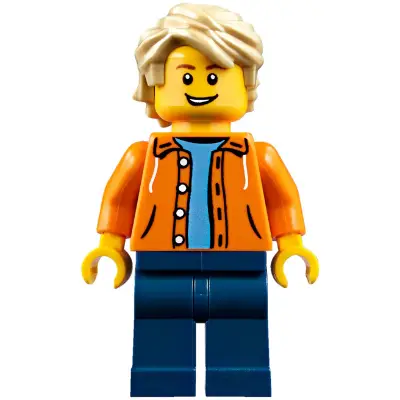 Orange Jacket with Hood over Light Blue Sweater, Dark Blue Legs, Tan Tousled Hair, Open Lopsided Grin