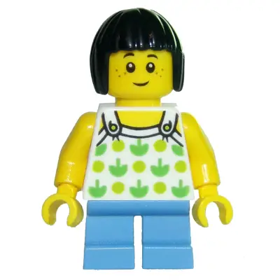 Child - Girl, White Halter Top with Green Apples and Lime Spots, Medium Blue Short Legs, Black Bob Cut Hair, Freckles