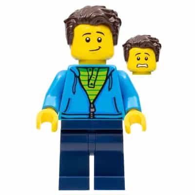 Man, Dark Azure Hoodie with Green Striped Shirt, Dark Blue Legs, Dark Brown Hair