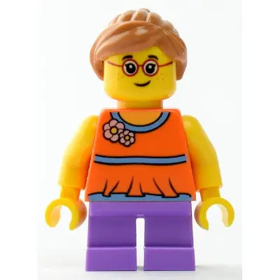 Child - Girl, Orange Top, Medium Lavender Short Legs, Medium Nougat Ponytail Hair, Glasses, Freckles
