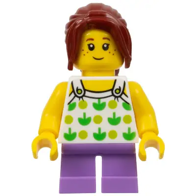 Child - Girl, White Halter Top with Green Apples and Lime Spots, Medium Lavender Short Legs, Dark Red Ponytail, Freckles