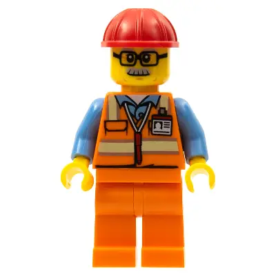 Orange Safety Vest with Reflective Stripes, Orange Legs, Red Construction Helmet, Glasses