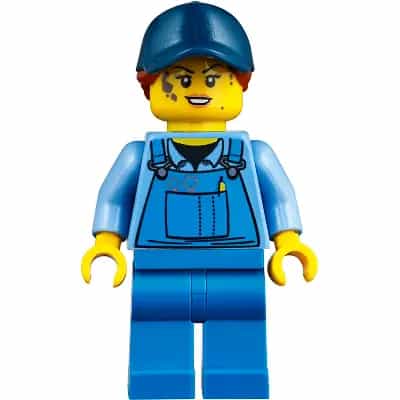Mechanic - Female, Blue Overalls over Medium Blue Shirt, Blue Legs, Dark Blue Cap with Dark Orange Ponytail, No Back Print