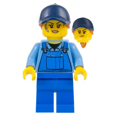 Mechanic - Female, Blue Overalls over Medium Blue Shirt, Blue Legs, Dark Blue Cap with Dark Orange Ponytail, Back Print