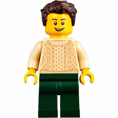 Man with Dark Brown Hair, Tan Sweater and Dark Green Legs