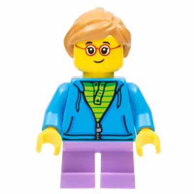 Child - Girl, Dark Azure Hoodie, Medium Lavender Short Legs, Medium Nougat Ponytail Hair, Glasses, Freckles