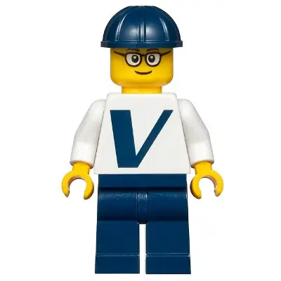Male with Vestas Logo on Torso, Dark Blue Legs, Dark Blue Construction Helmet, Glasses