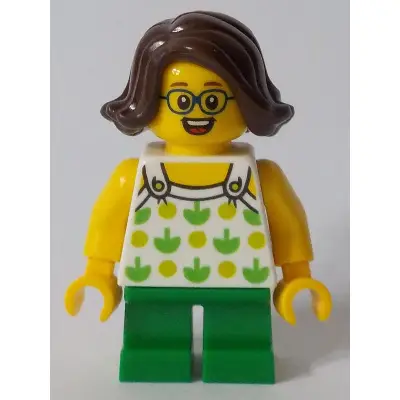 Child - Girl, White Halter Top with Green Apples and Lime Spots, Green Short Legs, Dark Brown Hair, Glasses