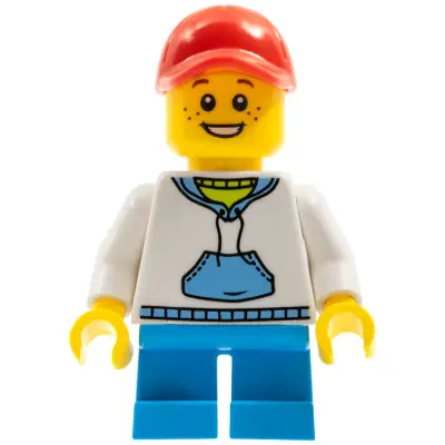 Child - Boy, White Hoodie with Medium Blue Pocket, Dark Azure Short Legs, Red Cap, Freckles
