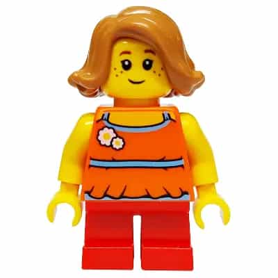 Child - Girl, Orange Halter Top with Flowers and High Back, Red Short Legs, Medium Nougat Hair, Freckles
