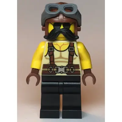 Man, Tan Tank Top, Black Moustache, Reddish Brown Suspenders and Aviator Cap with Dark Bluish Gray Goggles