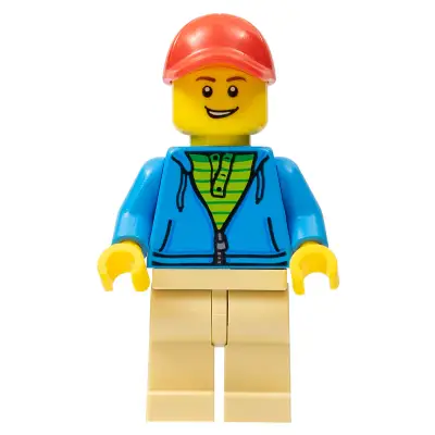 Man, Dark Azure Hoodie with Green Striped Shirt, Tan Legs, Red Cap