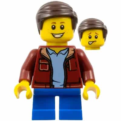 Child - Boy, Dark Red Jacket, Blue Short Legs, Dark Brown Hair, Freckles