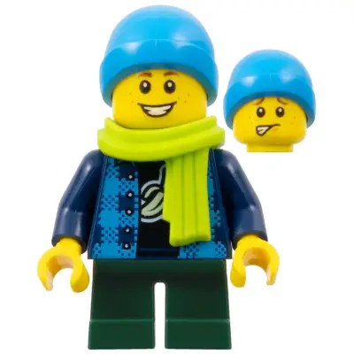 Child - Boy, Flannel Vest over Shirt with Banana, Dark Green Short Legs, Dark Azure Beanie, Freckles, Lime Scarf
