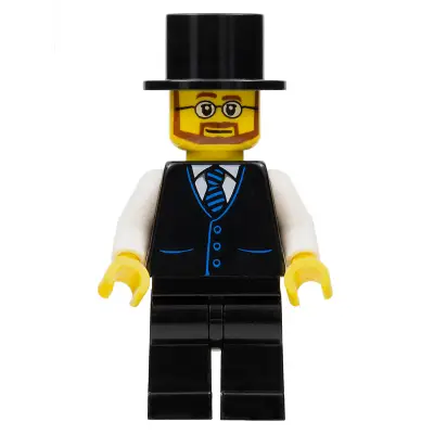 Haunted House Butler - Male, Black Vest with Blue Striped Tie, Black Legs, Black Top Hat, Glasses and Beard