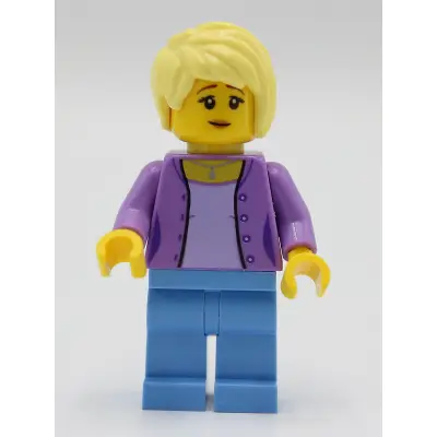 Female with Medium Lavender Jacket, Medium Blue Legs, Bright Light Yellow Hair