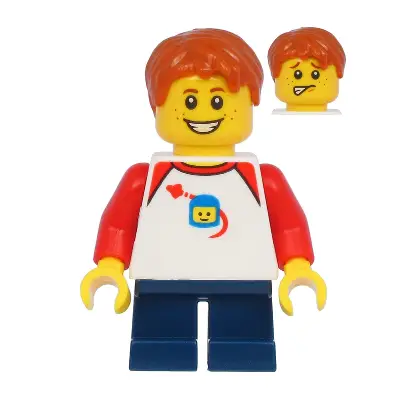 Boy with Classic Space Shirt with Red Sleeves, Dark Blue Short Legs, Dark Orange Hair