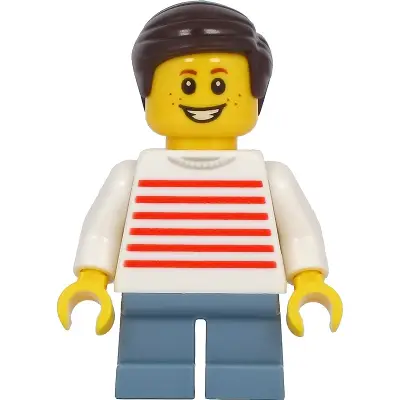 Child - Boy, White Sweater with Red Horizontal Stripes, Sand Blue Short Legs, Dark Brown Hair, Freckles
