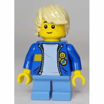 Child - Boy, Blue Jacket with Yellow Stripe, Medium Blue Short Legs, Tan Tousled Hair, Freckles