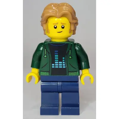 Man - Dark Green Hoodie, Dark Blue Legs, Medium Nougat Wavy Hair