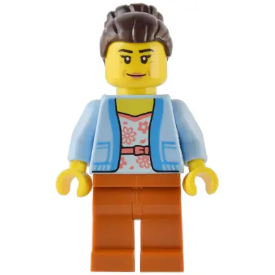 Club Owner / Manager - Female, Bright Light Blue Jacket over White Shirt with Coral Flowers, Dark Orange Legs, Dark Brown Hair with Bun