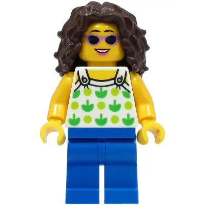 Beach Tourist - Female, White Halter Top with Green Apples and Lime Spots, Blue Legs, Dark Brown Long Tousled Hair, Sunglasses