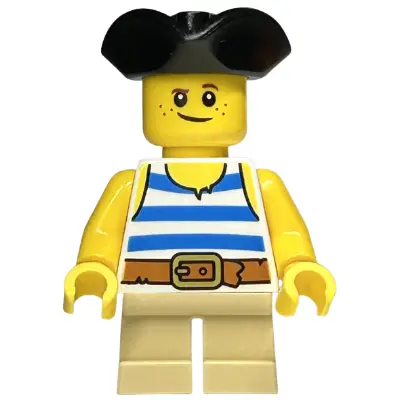 Child - Boy, White Tank Top with Blue Stripes, Tan Short Legs, Black Tricorne Hat, Freckles