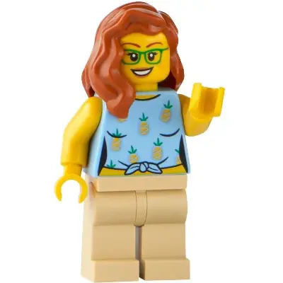 Land Rover Classic Defender Driver - Female, Bright Light Blue Knotted Top with Pineapples, Tan Legs, Dark Orange Hair, Green Glasses