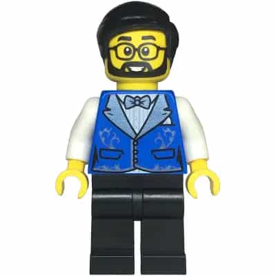 Hotel Receptionist - Male, Blue Vest with Metallic Light Blue Lapels, Black Legs, Black Hair, Beard and Glasses