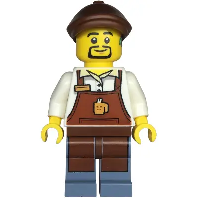 Barista - Male, Reddish Brown Apron with Cup and Name Tag, Sand Blue Legs, Reddish Brown Flat Cap, Hearing Aid