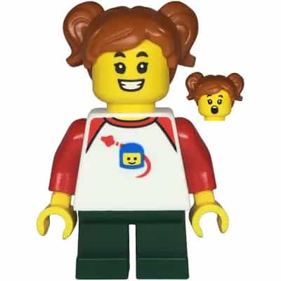 Child - Girl, White Classic Space Shirt with Red Sleeves, Dark Green Short Legs, Dark Orange Pigtails