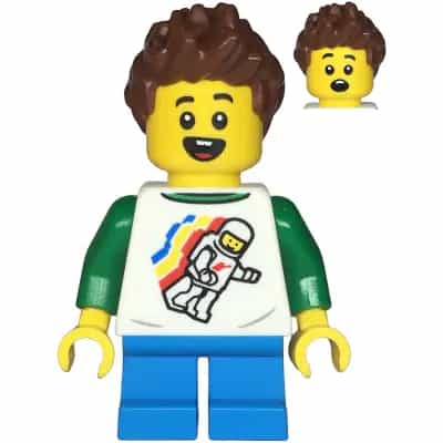 Child - Boy, Classic Space Shirt with Minifigure Floating and Back Print, Dark Azure Short Legs, Reddish Brown Spiked Hair