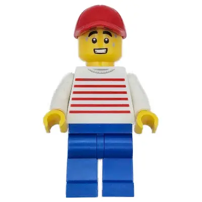 Retro Food Truck Vendor - Male, White Sweater with Red Horizontal Stripes, Blue Legs, Red Cap, Sweat Drops
