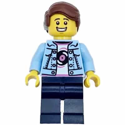 Burger Truck Customer - Male, Bright Light Blue Denim Jacket over Shirt with Record, Dark Blue Legs, Reddish Brown Hair with Cochlear Implant