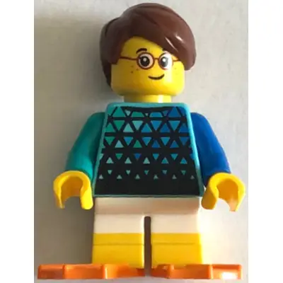 Child - Boy, Medium Azure Top with Triangles, White Short Legs with Yellow Feet, Reddish Brown Hair, Orange Flippers