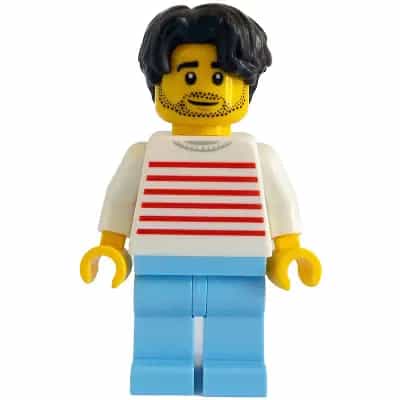 Modern House Resident - Male, White Sweater with Red Horizontal Stripes, Bright Light Blue Legs, Dark Brown Hair Wavy